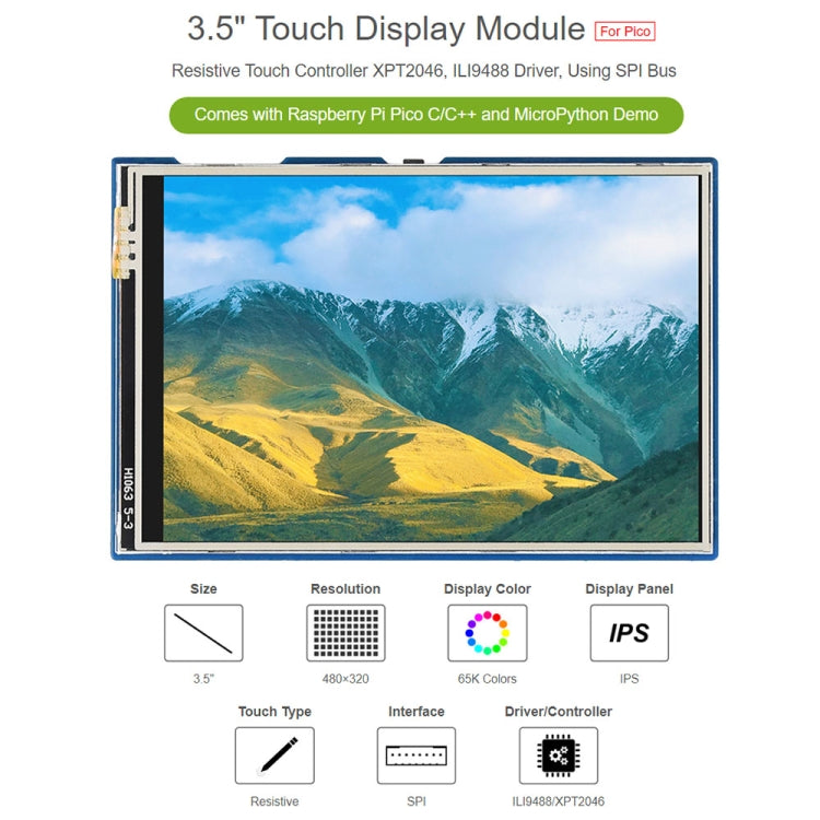 WAVESHARE 3.5 inch 65K Colors 480 x 320 Touch Display Module for Raspberry Pi Pico, SPI Interface - free shipping - PMC TechLife - Order now!