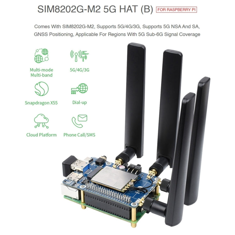 Waveshare SIM8202G-M2 5G HAT B Multi Band Snapdragon X55 Module Board for Raspberry Pi - free shipping - PMC TechLife - Order now!