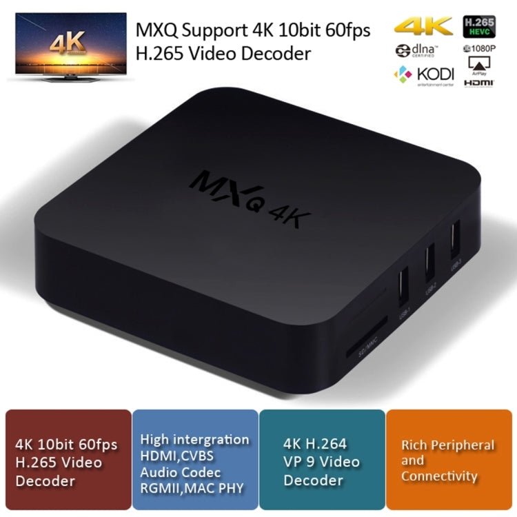 MXQ 4K Full HD Media Player RK3229 Quad Core KODI Android 9.0 TV Box with Remote Control, RAM: 1GB, ROM: 8GB, Support HDMI, WiFi, Miracast, DLNA(Black) - Others by PMC Jewellery | Online Shopping South Africa | PMC Jewellery