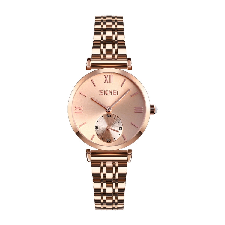 SKMEI 9198 Simple Roman Numeral Dial Metal Belt Quartz Watch for Couples(Rose Gold Women) - Couple Watches by SKMEI | Online Shopping South Africa | PMC Jewellery | Buy Now Pay Later Mobicred