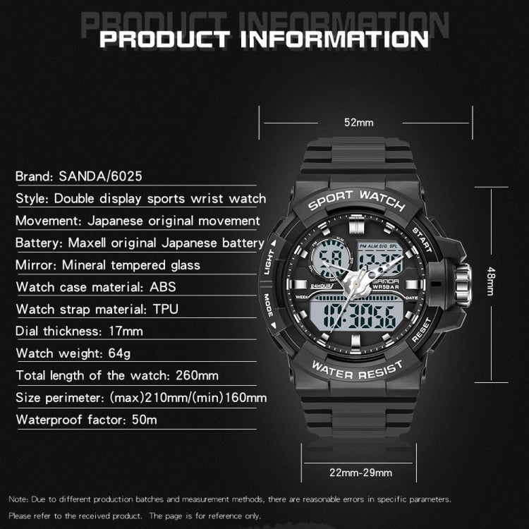 SANDA 6025 Dual Time Digital Display Luminous Calendar Waterproof Multifunctional Men Sports Quartz Watch(Black Blue) - Sport Watches by SANDA | Online Shopping South Africa | PMC Jewellery | Buy Now Pay Later Mobicred