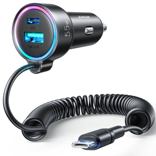 JOYROOM JR-CL07 3 in 1 55W PD USB-C / Type-C + USB Interface Car Charger with USB-C / Type-C Spring Data Cable(Black) - Car Charger by JOYROOM | Online Shopping South Africa | PMC Jewellery | Buy Now Pay Later Mobicred