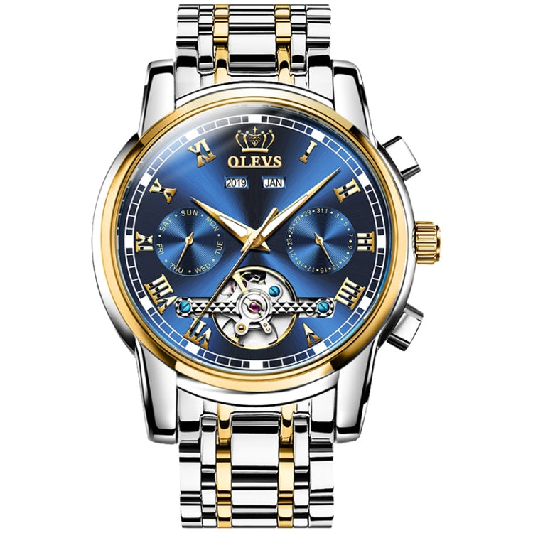 OLEVS 6607 Multi-function Men Big Flywheel Automatic Waterproof Mechanical Watch(Silver Gold Blue) - Metal Strap Watches by OLEVS | Online Shopping South Africa | PMC Jewellery | Buy Now Pay Later Mobicred