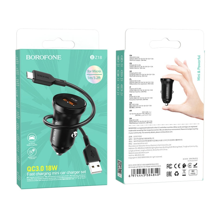 Borofone BZ18 Single USB Port QC3.0 Car Charger with Micro USB Charging Cable(Black) - Car Charger by Borofone | Online Shopping South Africa | PMC Jewellery
