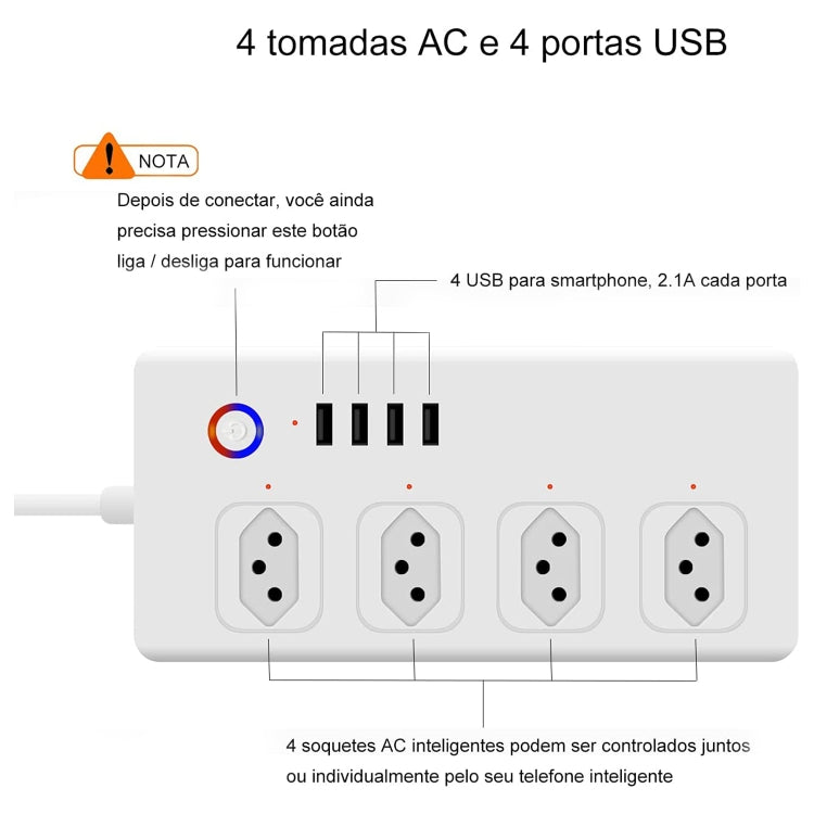 ZigBee 10A SM-SO301-B 4 Holes + 4 USB Multi-purpose Smart Power Strip, Brazil Plug - Smart Socket by PMC Jewellery | Online Shopping South Africa | PMC Jewellery