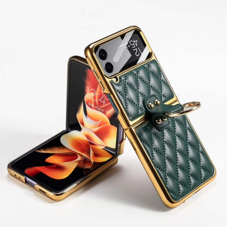 For Samsung Galaxy Z Flip4 GKK Integrated Plating + Leather Phone Case with Ring(Green) - Galaxy Z Flip4 5G Cases by GKK | Online Shopping South Africa | PMC Jewellery | Buy Now Pay Later Mobicred