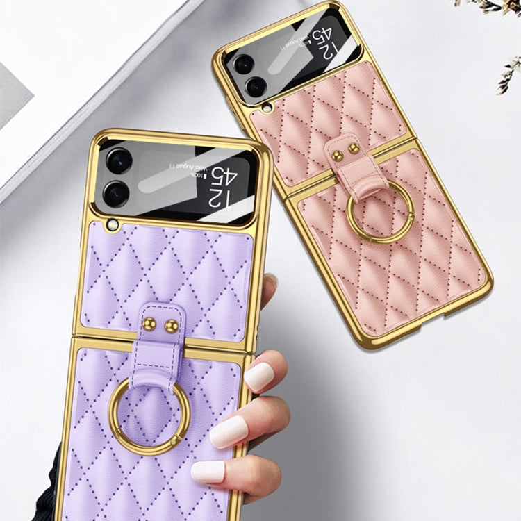 For Samsung Galaxy Z Flip4 GKK Integrated Plating + Leather Phone Case with Ring(Purple) - Galaxy Z Flip4 5G Cases by GKK | Online Shopping South Africa | PMC Jewellery