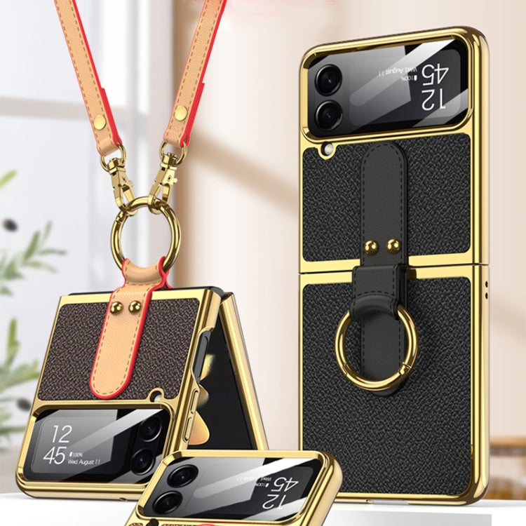 For Samsung Galaxy Z Flip4 GKK Plating + Leather Phone Case with Ring & Strap(Black) - Galaxy Z Flip4 5G Cases by GKK | Online Shopping South Africa | PMC Jewellery