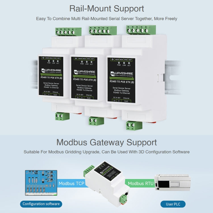 Waveshare Din Rail RS485 to RJ45 Serial Server with POE Function - free shipping - PMC TechLife - Order now!
