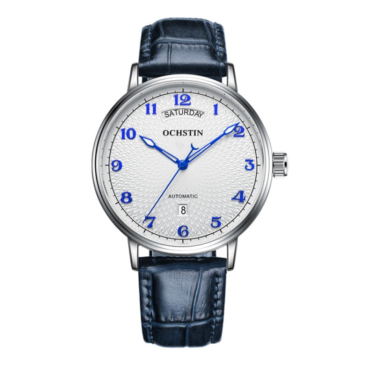 OCHSTIN 6141A Masterpiece Day-date Mechanical Men Watch(White-Blue) - Leather Strap Watches by OCHSTIN | Online Shopping South Africa | PMC Jewellery | Buy Now Pay Later Mobicred