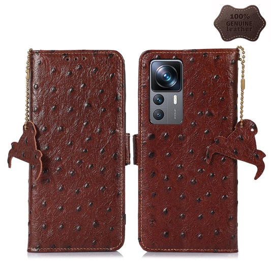 For Xiaomi 12T / 12T Pro / Redmi K50 Ultra Ostrich Pattern Genuine Leather RFID Phone Case(Coffee) - Xiaomi Cases by PMC Jewellery | Online Shopping South Africa | PMC Jewellery