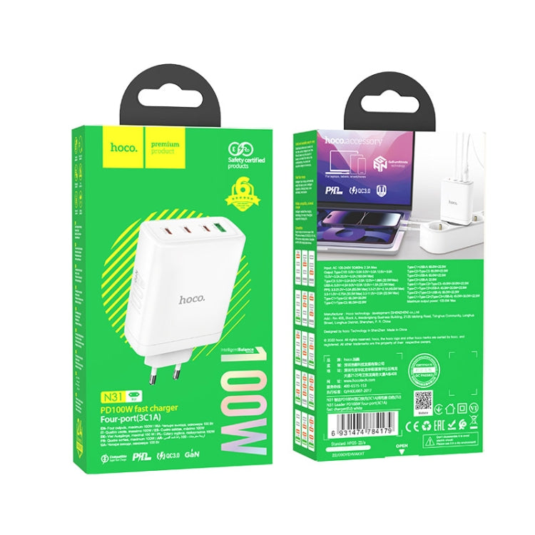 hoco N31 Leader PD 100W USB+Three USB-C/Type-C Interface Fast Charger, EU Plug(White) - USB Charger by hoco | Online Shopping South Africa | PMC Jewellery