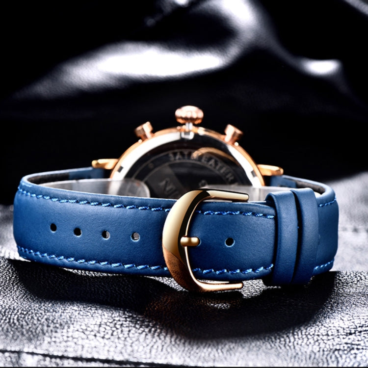 OCHSTIN 6076C Multifunctional Quartz Waterproof Men Leather Watch(Rose Gold+Blue) - Leather Strap Watches by OCHSTIN | Online Shopping South Africa | PMC Jewellery | Buy Now Pay Later Mobicred