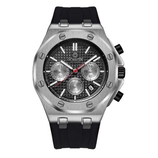 OCHSTIN 6100E Multifunctional Quartz Waterproof TPU Strap Men Watch(Silver+Black) - Silicone Strap Watches by OCHSTIN | Online Shopping South Africa | PMC Jewellery | Buy Now Pay Later Mobicred