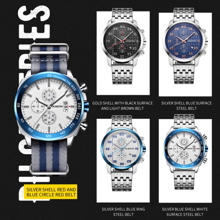 OCHSTIN 7079 Multifunctional Quartz Waterproof Luminous Steel Strap Men Watch(Silver Blue) - Metal Strap Watches by OCHSTIN | Online Shopping South Africa | PMC Jewellery | Buy Now Pay Later Mobicred