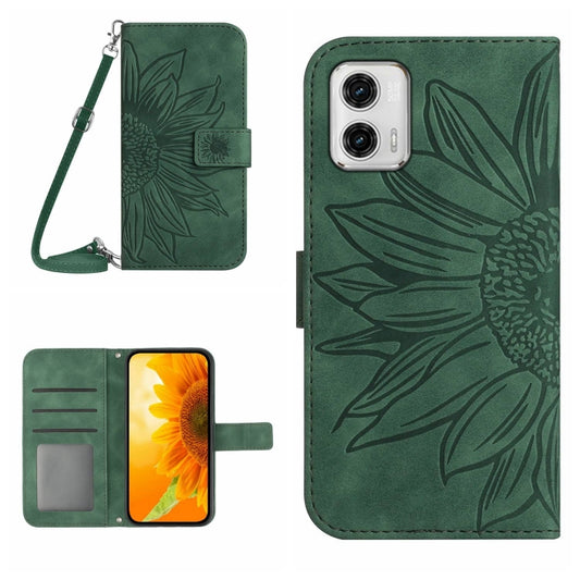 For Motorola Moto G73 5G HT04 Skin Feel Sun Flower Embossed Flip Leather Phone Case with Lanyard(Green) - Motorola Cases by PMC Jewellery | Online Shopping South Africa | PMC Jewellery