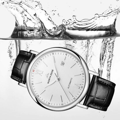 NORTH EDGE AMOY Multifunctional Business Men's Watch Waterproof Leather Mechanical Watch(Silver Needle) - Leather Strap Watches by NORTH EDGE | Online Shopping South Africa | PMC Jewellery | Buy Now Pay Later Mobicred