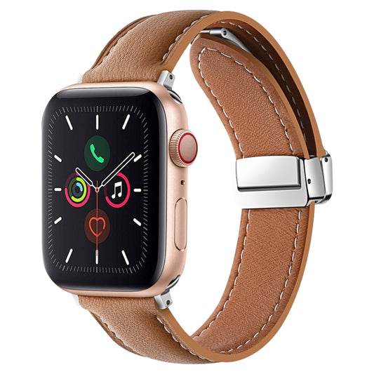 Folding Buckle Genuine Leather Watch Band For Apple Watch Ultra 49mm / Series 8&7 45mm / SE 2&6&SE&5&4 44mm / 3&2&1 42mm(Brown) -  by PMC Jewellery | Online Shopping South Africa | PMC Jewellery