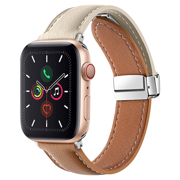 Folding Buckle Genuine Leather Watch Band For Apple Watch Series 8&7 41mm / SE 2&6&SE&5&4 40mm / 3&2&1 38mm(White + Brown) - Smart Wear by PMC Jewellery | Online Shopping South Africa | PMC Jewellery