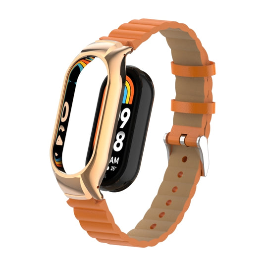 For Xiaomi Mi Band 8 Integrated Metal Case + Bamboo Leather Watch Band(Orange) - Smart Wear by PMC Jewellery | Online Shopping South Africa | PMC Jewellery