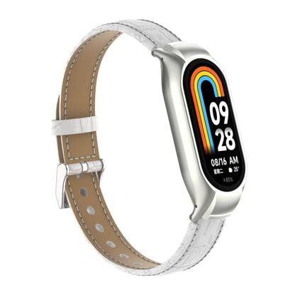 For Xiaomi Mi Band 8 Integrated Metal Case + Cocodile Texture Leather Watch Band(White) - Smart Wear by PMC Jewellery | Online Shopping South Africa | PMC Jewellery