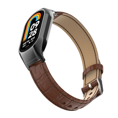 For Xiaomi Mi Band 8 Integrated Metal Case + Cocodile Texture Leather Watch Band(Brown) - Smart Wear by PMC Jewellery | Online Shopping South Africa | PMC Jewellery