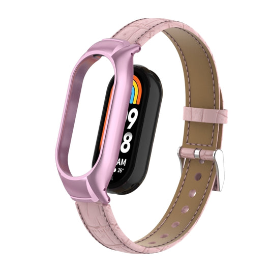 For Xiaomi Mi Band 8 Integrated Metal Case + Cocodile Texture Leather Watch Band(Pink) - Smart Wear by PMC Jewellery | Online Shopping South Africa | PMC Jewellery
