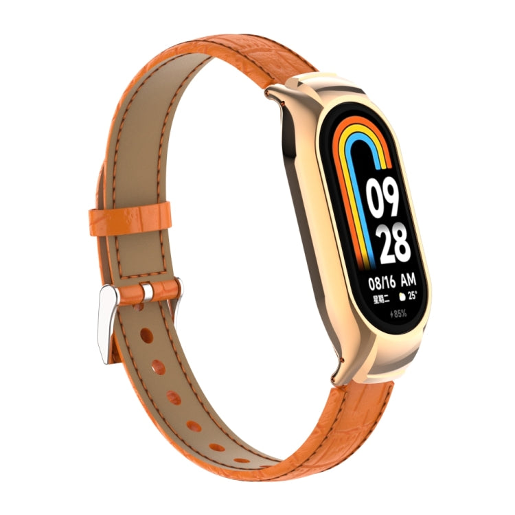 For Xiaomi Mi Band 8 Integrated Metal Case + Cocodile Texture Leather Watch Band(Orange) - Smart Wear by PMC Jewellery | Online Shopping South Africa | PMC Jewellery