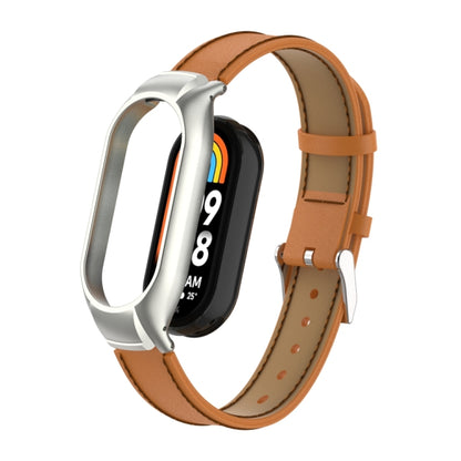 For Xiaomi Mi Band 8 Integrated Metal Case + Microfiber Sewing Leather Watch Band(Brown) - Smart Wear by PMC Jewellery | Online Shopping South Africa | PMC Jewellery