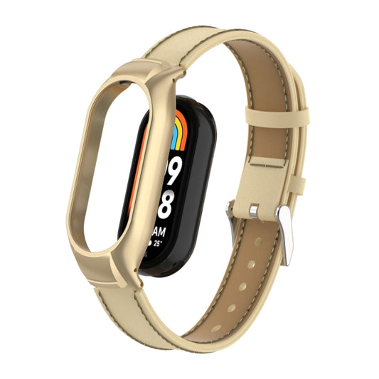 For Xiaomi Mi Band 8 Integrated Metal Case + Microfiber Sewing Leather Watch Band(Champagne) - Smart Wear by PMC Jewellery | Online Shopping South Africa | PMC Jewellery