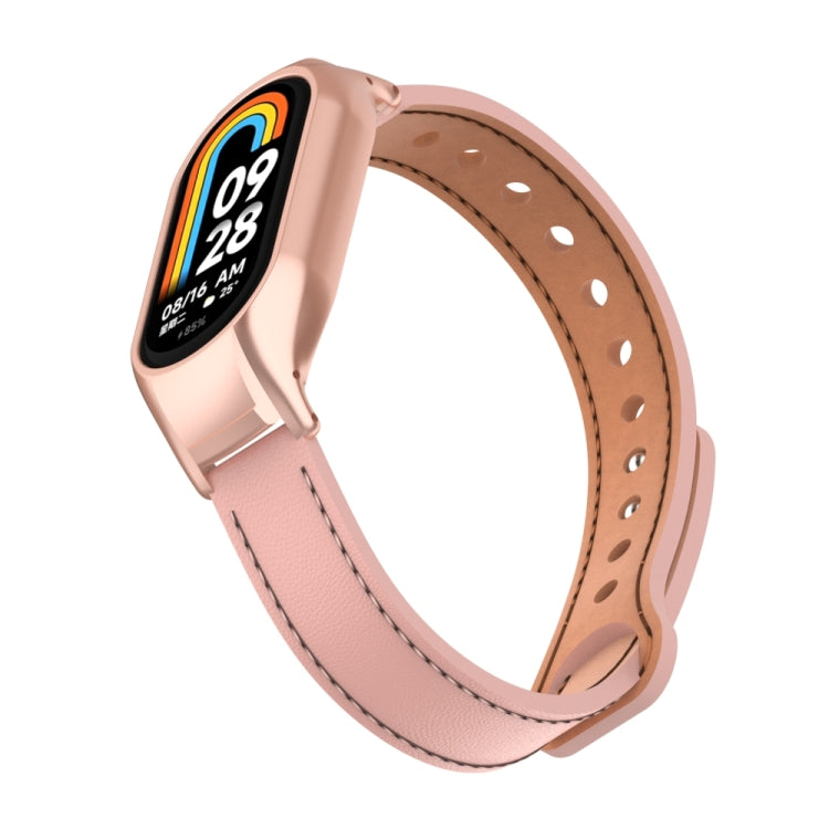 For Xiaomi Mi Band 8 Integrated Metal Case + Double Nail Microfiber Leather Watch Band(Pink) - Smart Wear by PMC Jewellery | Online Shopping South Africa | PMC Jewellery