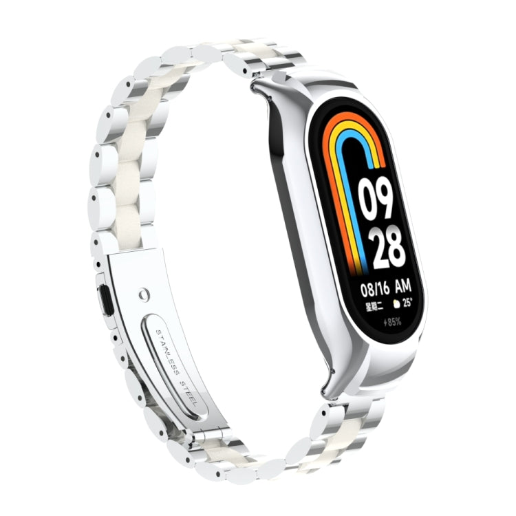 For Xiaomi Mi Band 8 Integrated Metal Case + Three-bead Watch Band(Silver+White) - Smart Wear by PMC Jewellery | Online Shopping South Africa | PMC Jewellery
