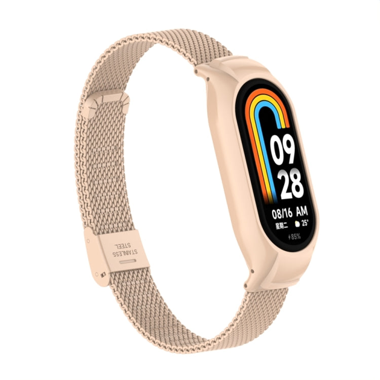 For Xiaomi Mi Band 8 Integrated Metal Case + Steel Mesh Buckle Watch Band(Milk Tea Color) - Smart Wear by PMC Jewellery | Online Shopping South Africa | PMC Jewellery