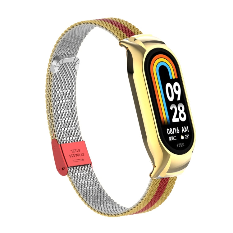 For Xiaomi Mi Band 8 Integrated Metal Case + Steel Mesh Buckle Watch Band(Gold+Red) - Smart Wear by PMC Jewellery | Online Shopping South Africa | PMC Jewellery