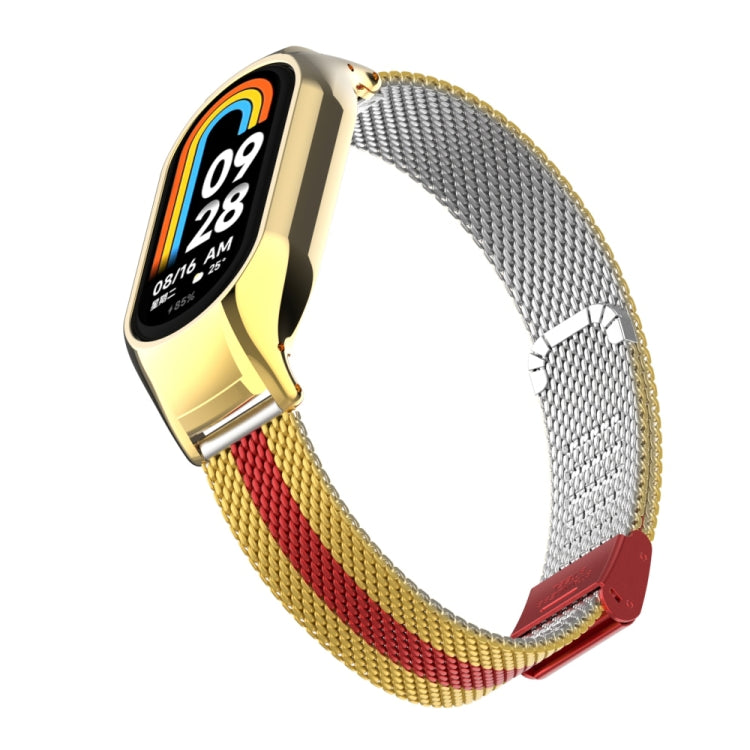 For Xiaomi Mi Band 8 Integrated Metal Case + Steel Mesh Buckle Watch Band(Gold+Red) - Smart Wear by PMC Jewellery | Online Shopping South Africa | PMC Jewellery