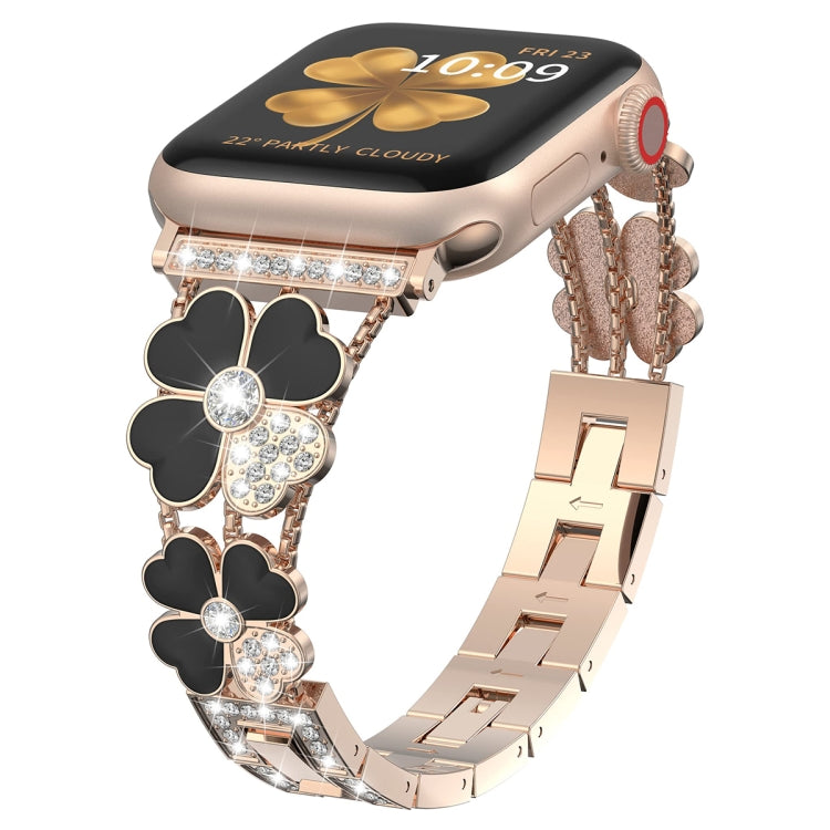 For Apple Watch 8 41mm Petal Metal Diamond Watch Band(Rose Gold+Black) -  by PMC Jewellery | Online Shopping South Africa | PMC Jewellery