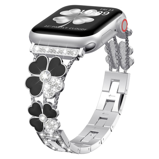 For Apple Watch 8 45mm Petal Metal Diamond Watch Band(Sliver+Black) -  by PMC Jewellery | Online Shopping South Africa | PMC Jewellery