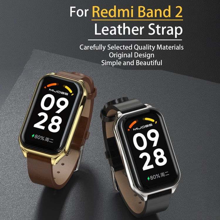 For Redmi Band 2 Mijobs Metal Shell Genuine Leather Watch Band(Brown Silver) -  by MIJOBS | Online Shopping South Africa | PMC Jewellery