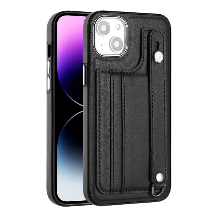 For iPhone 14 Plus Shockproof Leather Phone Case with Wrist Strap(Black) - iPhone 14 Plus Cases by PMC Jewellery | Online Shopping South Africa | PMC Jewellery