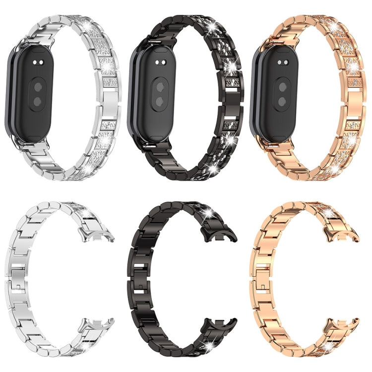 For Xiaomi Mi Band 8 Three-beads Full Diamond Metal Watch Band(Rose Gold) - Watch Bands by PMC Jewellery | Online Shopping South Africa | PMC Jewellery