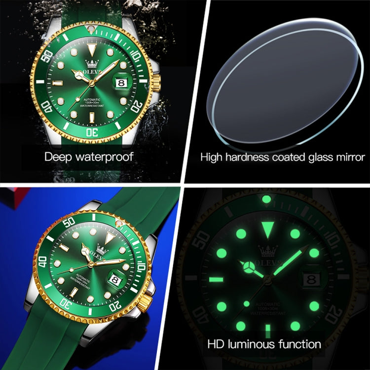 OLEVS 6650 Men Luminous Waterproof Silicone Strap Mechanical Watch(Green + Gold) - Silicone Strap Watches by OLEVS | Online Shopping South Africa | PMC Jewellery