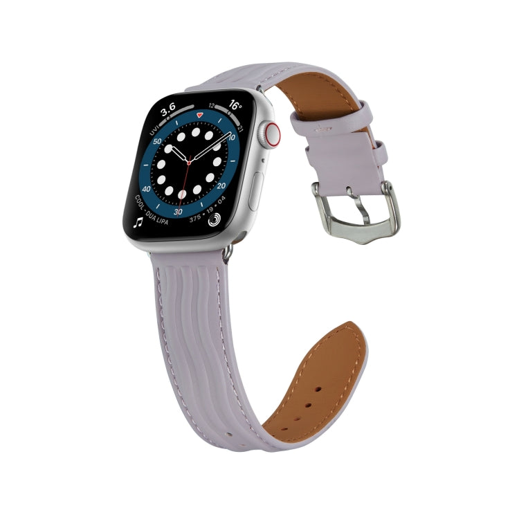 Embossed Line Genuine Leather Watch Band For Apple Watch SE 2022 40mm(Lavender Purple) - Watch Bands by PMC Jewellery | Online Shopping South Africa | PMC Jewellery