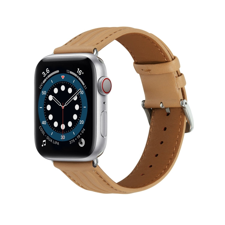 Embossed Line Genuine Leather Watch Band For Apple Watch SE 2022 44mm(Khaki) - Watch Bands by PMC Jewellery | Online Shopping South Africa | PMC Jewellery