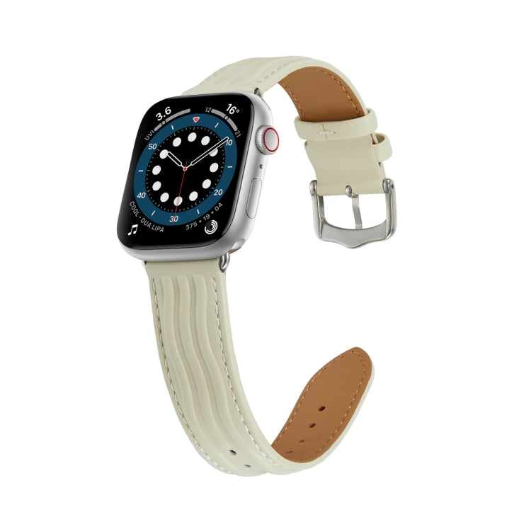 Embossed Line Genuine Leather Watch Band For Apple Watch SE 44mm(Milky White) - Watch Bands by PMC Jewellery | Online Shopping South Africa | PMC Jewellery