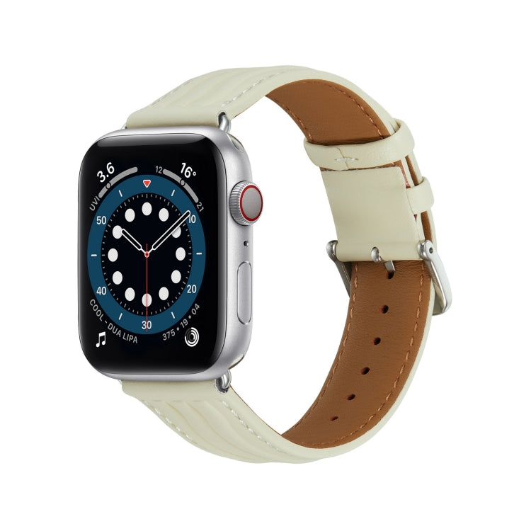 Embossed Line Genuine Leather Watch Band For Apple Watch 5 44mm(Milky White) - Watch Bands by PMC Jewellery | Online Shopping South Africa | PMC Jewellery