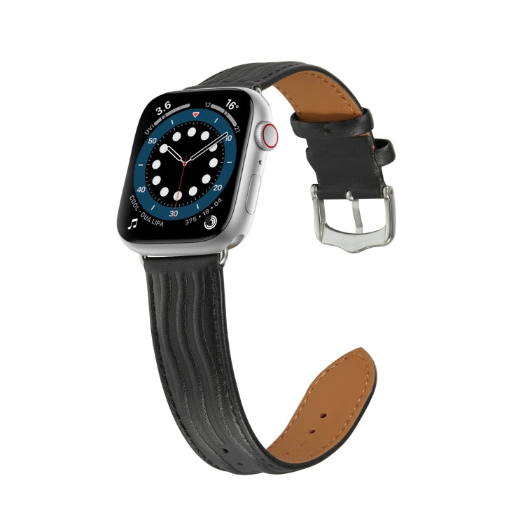 Embossed Line Genuine Leather Watch Band For Apple Watch 4 44mm(Black) - Watch Bands by PMC Jewellery | Online Shopping South Africa | PMC Jewellery