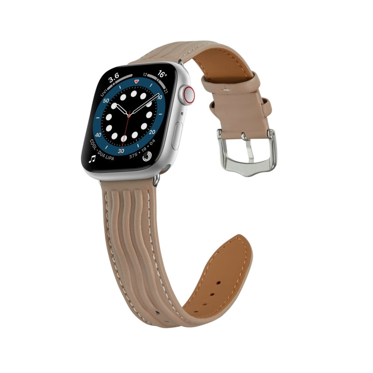 Embossed Line Genuine Leather Watch Band For Apple Watch 4 44mm(Milky Brown) - Watch Bands by PMC Jewellery | Online Shopping South Africa | PMC Jewellery