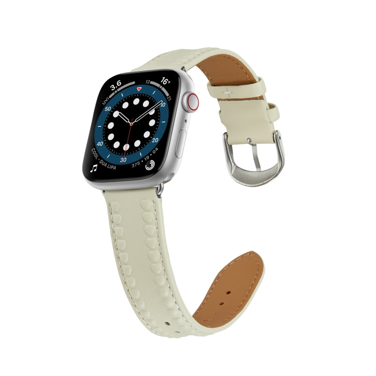 Embossed Love Genuine Leather Watch Band For Apple Watch 5 44mm(Milky White) - Watch Bands by PMC Jewellery | Online Shopping South Africa | PMC Jewellery