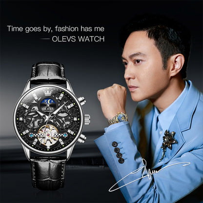 OLEVS 6658 Men Luminous Waterproof Leather Strap Mechanical Watch(Black) - Leather Strap Watches by OLEVS | Online Shopping South Africa | PMC Jewellery | Buy Now Pay Later Mobicred