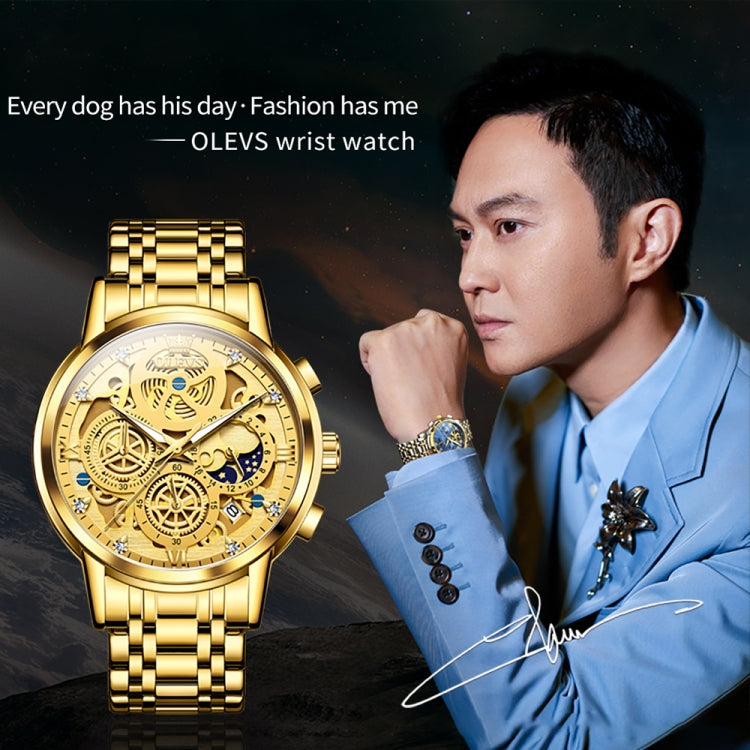 OLEVS 9947 Men Multifunctional Hollow Waterproof Quartz Watch(Gold) - Metal Strap Watches by OLEVS | Online Shopping South Africa | PMC Jewellery